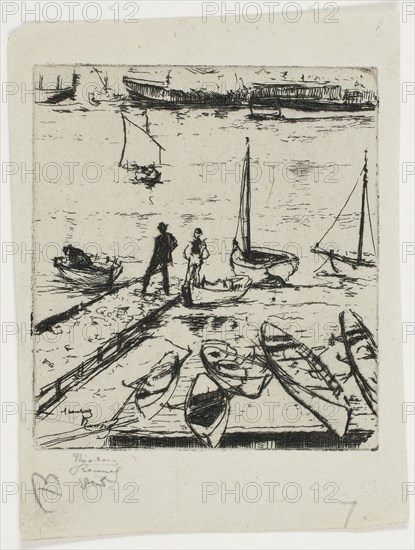 Pleasure Boats, Chelsea, 1888–89, Theodore Roussel, French, worked in England, 1847-1926, England, Etching in black on cream wove paper, 78 × 70 mm (image/plate), 104 × 78 mm (sheet)