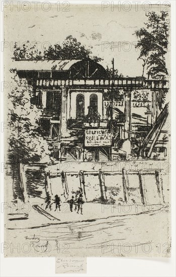 The Saw Mill, Putney, 1888–89, Theodore Roussel, French, worked in England, 1847-1926, England, Etching in black on ivory laid paper, 119 × 80 mm (image/plate), 126 × 80 mm (sheet)