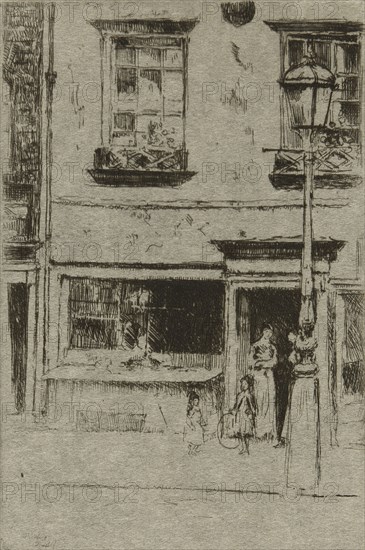 The Little Fish Shop, Chelsea Embankment, 1888–89, Theodore Roussel, French, worked in England, 1847-1926, England, Etching in black on cream Japanese paper, 120 × 80 mm (image/plate), 165 × 118 mm (sheet)