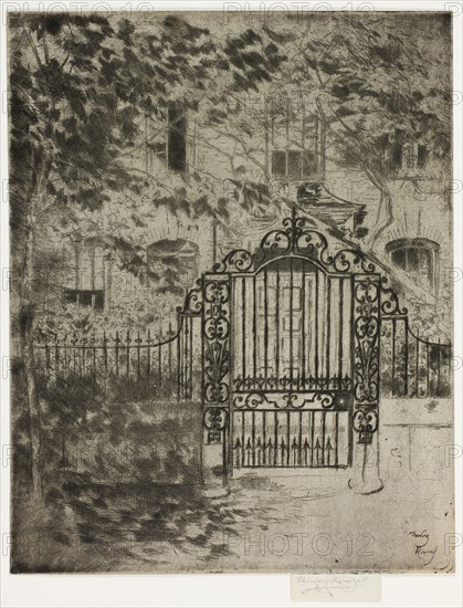 The Gate, Chelsea, 1889–90, Theodore Roussel, French, worked in England, 1847-1926, England, Etching and drypoint with plate tone in black on cream laid paper, 208 × 165 mm (image/plate), 216 × 165 mm (sheet, with signature tab)