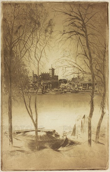 Laburnums and Battersea, 1889/90 and 1898, Theodore Roussel, French, worked in England, 1847-1926, England, Etching and drypoint in brown, with selective wiping of plate tone, on cream Japanese paper, 342 × 221 mm (image/plate), 421 × 272 mm (sheet)