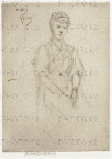 Portrait of Mrs. Cyprian Williams in Fancy Dress, 1890, Theodore Roussel, French, worked in England, 1847-1926, England, Drypoint in light black on ivory Japanese paper, 113 × 55 mm (image), 135 × 98 mm (plate), 138 × 98 mm (sheet)