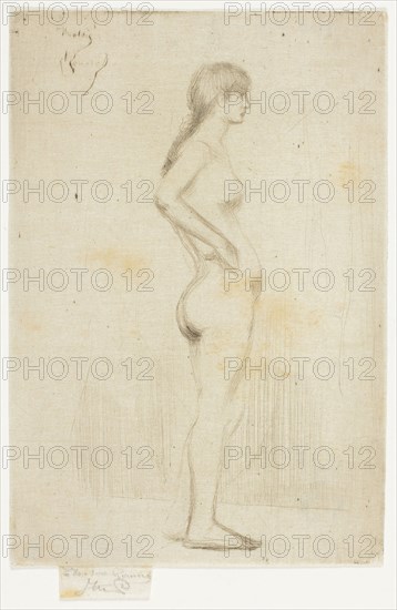 Study from the Nude of a Girl Standing, 1890, Theodore Roussel, French, worked in England, 1847-1926, England, Drypoint in light black on ivory Japanese paper, 105 × 65 mm (image), 121 × 81 mm (plate), 127 × 81 mm (sheet)