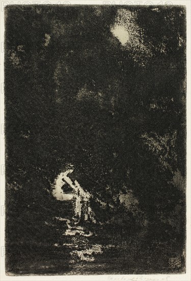 A Nymph Bathing, Moonlight, 1890–1900, Theodore Roussel, French, worked in England, 1847-1926, England, Soft ground etching, aquatint, and drypoint in black on thin cream Japanese paper, 121 × 92 mm (image/plate), 154 × 106 mm (sheet)