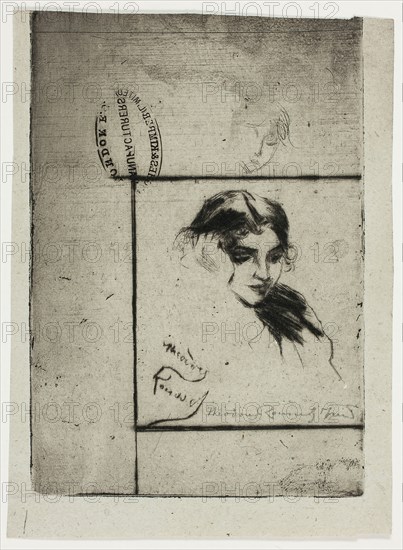 Head of a Girl Leaning on Her Hand, 1895/1900, Theodore Roussel, French, worked in England, 1847-1926, England, Drypoint in black, with plate tone, on thin gray wove paper, 60 × 56 mm (image), 120 × 81 mm (plate), 129 × 96 mm (sheet)