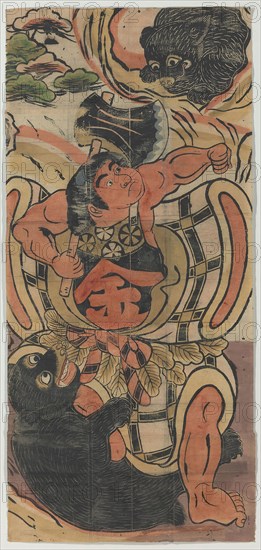 Banner Depicting Kintaro Battling Bears, 18th century, Japanese, Japan, Hand-colored woodblock print, 164 x 76 cm