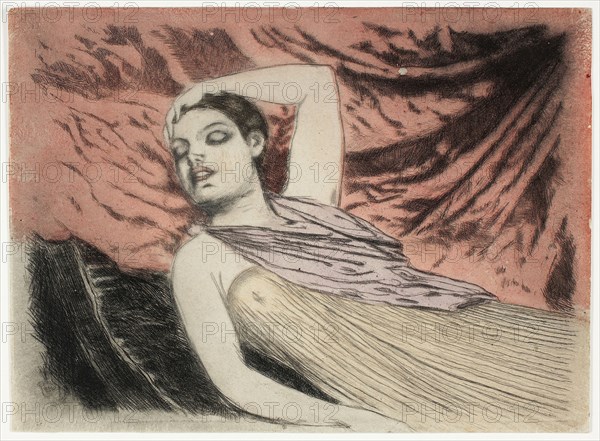 The Sleeping Model or The Sleeper, 1890–97, Theodore Roussel, French, worked in England, 1847-1926, England, Color etching, drypoint, and aquatint, with plate tone, on ivory wove paper, 125 × 169 mm (image), 130 × 178 mm (sheet, plate mark not visible)