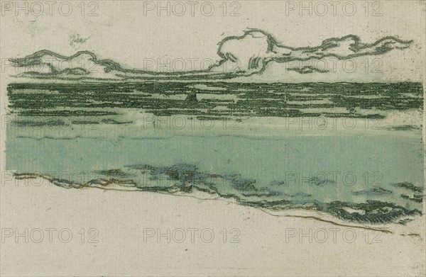 The Sea at Bognor, 1895, Theodore Roussel, French, worked in England, 1847-1926, France, Etching, drypoint and softground in green and monotype in greenish blue on bluish ivory laid paper, 75 × 141 mm (image/plate), 100 × 151 mm (sheet, trimmed within plate mark)