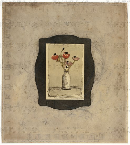 Anemonies, 1897, Theodore Roussel, French, worked in England, 1847-1926, England, Color etching and aquatint on cream wove paper, tipped onto tan wove paper mount with lavis in black and graphite, 114 × 75 mm (image, trimmed within plate mark), 120 × 83 mm (sheet), 302 × 272 mm (mount)