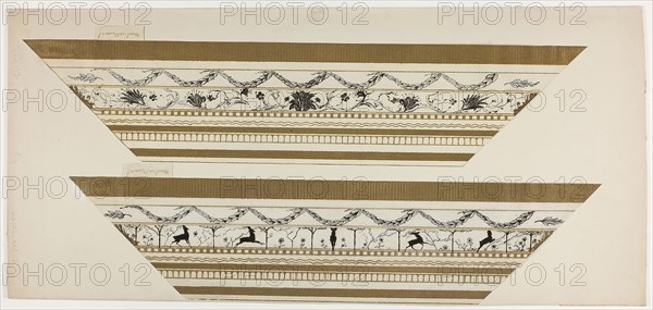 Stag and Flower Pattern Frame (side frame section), 1897–99, Theodore Roussel, French, worked in England, 1847-1926, England, Etching and soft ground in yellow-brown metallic and black on ivory laid paper, 108 × 503 mm (image/plate, trimmed within plate mark), 121 × 503 (sheet, with signature tab)