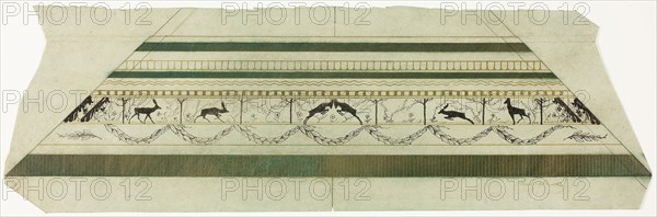 Stag and Flower Pattern Frame (bottom frame section), 1897–99, Theodore Roussel, French, worked in England, 1847-1926, England, Etching and soft ground in black, yellow-brown metallic, and green-blue with plate tone, on ivory Japanese paper, 109 × 498 (image/plate), 158 × 500 mm (sheet)