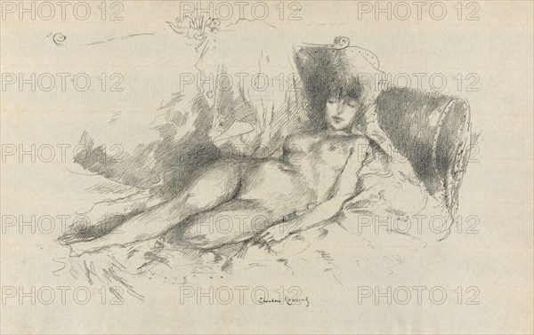 Study from the Nude, Woman Asleep, 1890–94, Theodore Roussel, French, worked in England, 1847-1926, England, Transfer lithograph in black on cream laid paper, 167 × 240 mm (image), 205 × 324 mm (sheet)