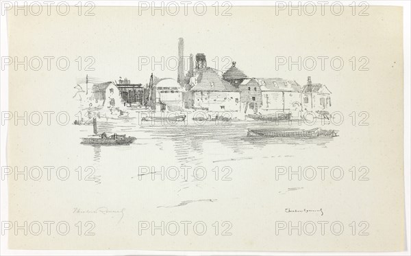 Battersea from the River, Low Tide, 1890–94, Theodore Roussel, French, worked in England, 1847-1926, England, Transfer lithograph in black on cream laid paper, 145 × 215 mm (image), 195 × 318 mm (sheet)