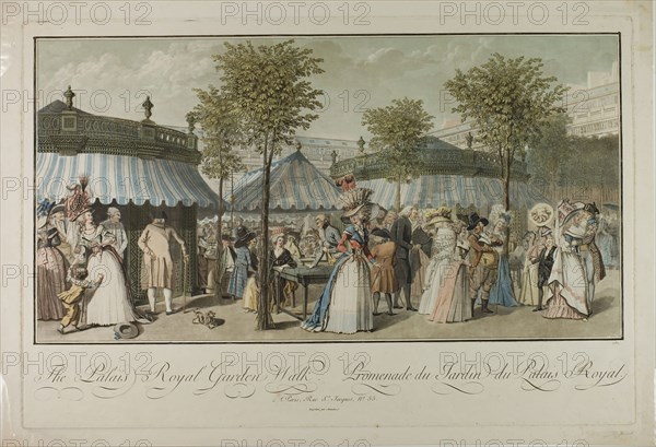 The Palais Royal Garden Walk, 1787, Louis Le Coeur (French, active 1780-1806), after Claude Louis Desrais (French, 1746-1816), France, Color etching and wash manner, with engraving, on ivory laid paper, 288 × 547 mm (image), 378 × 566 mm (plate), 417 × 607 mm (sheet)