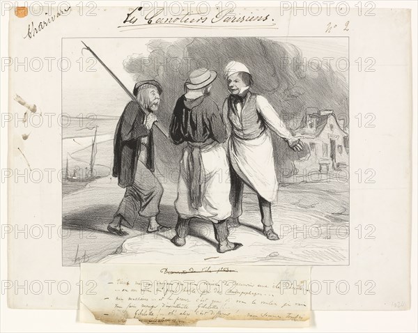 Well, fancy that! I thought that we had just discovered a deserted island or at least a country inhabited by cannibals., plate two from Les Canotiers Parisiens, 1843, Honoré-Victorin Daumier, French, 1808-1879, France, Lithograph in black, with additions in pen and brown ink and caption in pen and brown ink, on ivory wove paper, tipped onto ivory wove paper, 205 × 256 mm (image), 270 × 358 mm (sheet)