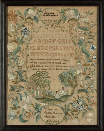 Sampler, 1822/23, Clarissa Emerson (American, born 1808), United States, Massachusetts, Lancaster, Massachusetts, Linen, plain weave, embroidered with silk in cross, satin, stem, long and short, chain, upright Gobelin, oblique Gobelin, and feather stitches, laid work and couching, painted, 21 3/4 x 16 1/2 in.