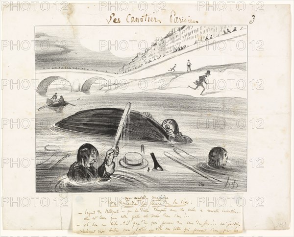 A New Way to Float Down the River of Life, plate three from Les Canotiers Parisiens, 1843, Honoré-Victorin Daumier, French, 1808-1879, France, Lithograph in black, with additions in pen and brown ink and caption in pen and brown ink, on ivory wove paper, tipped onto ivory wove paper, 200 × 254 mm (image), 273 × 345 mm (sheet)