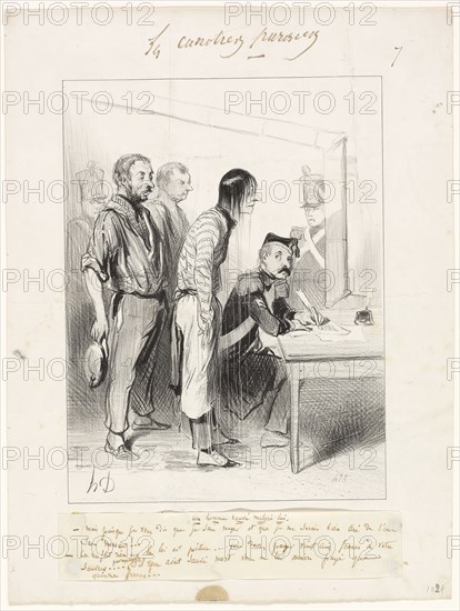 A Man Saved Against his Will, plate seven from Les Canotiers Parisiens, 1843, Honoré-Victorin Daumier, French, 1808-1879, France, Lithograph in black, with additions in pen and brown ink (discolored to grayish brown) and caption in pen and brown ink, on ivory wove paper, tipped onto ivory wove paper, 252 × 190 mm (image), 352 × 266 mm (sheet)