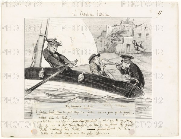 A Boat Maneuver, plate nine from Les Canotiers Parisiens, 1843, Honoré-Victorin Daumier, French, 1808-1879, France, Lithograph in black, with additions in pen and brown ink (faded to gray) and caption in pen and brown ink, on ivory wove paper, tipped onto ivory wove paper, 204 × 258 mm (image), 272 × 357 mm (sheet)