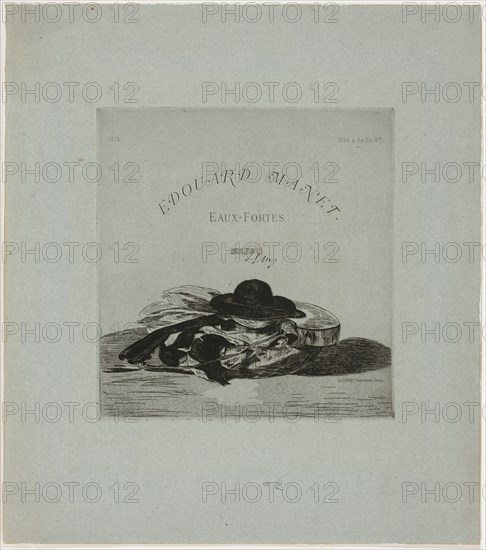 Hat and Guitar, frontispiece for the edition of fourteen etchings, 1874, Édouard Manet (French, 1832-1883), published by Alfred Cadart (French, 1828-1875), France, Etching, aquatint, drypoint, and engraving in black on blue wove paper, 230 × 218 mm (image/plate), 394 × 348 mm (sheet)