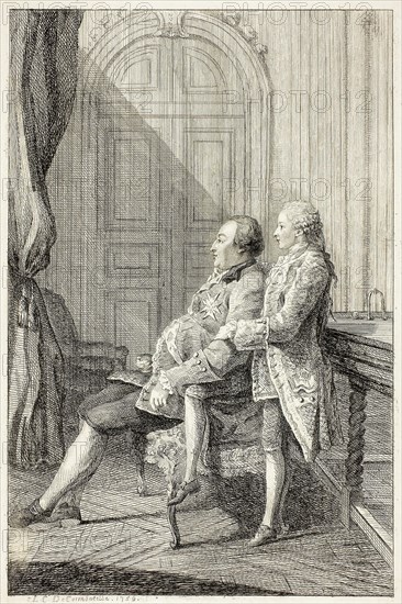 The Duc d’Orléans, and His Son, 1759, Louis de Carmontelle, French, 1717-1806, France, Etching in black on ivory laid paper, 267 × 177 mm (image), 293 × 192 mm (plate), 304 × 204 mm (sheet)