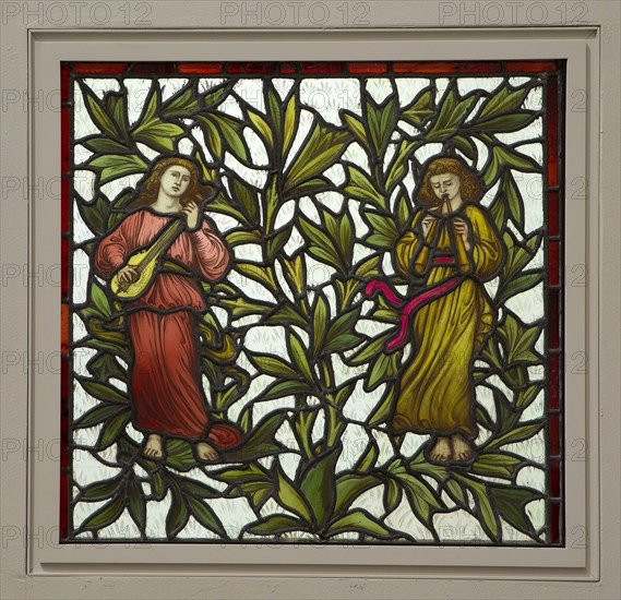 Two Minstrels Stained Glass, 1885/95, Attributed to James Egan (English, 1849-1920), Stained and painted glass, 60.3 × 59 cm (23 3/4 × 23 1/4 in.)