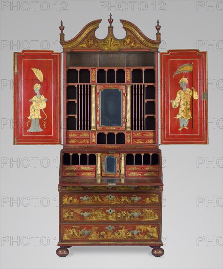 Secretary Cabinet, c. 1735, Attributed to Giles Grendey, English, 1693–1780, Clerkenwell, London, England, Wood with red and gold lacquer decoration, mirror glass, and brass mounts, 245.1 × 108 × 59.7 cm (96 1/2 × 42 1/2 × 23 1/2 in.)