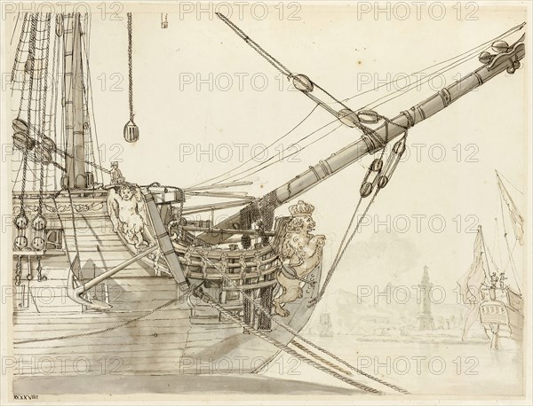 Study of a Warship’s Prow with British Warships and Naples Harbor Beyond, c. 1748, Claude-Joseph Vernet, French, 1717-1789, France, Pen and iron gall ink, with brush and dark gray, light gray and brownish gray wash, over black chalk, on ivory laid paper, laid down on ivory laid paper, 366 × 479 mm (primary support), 458 × 537 mm (secondary support)
