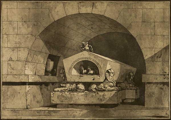 Tomb with Sphinxes and an Owl, 1779–84, Louis Jean Desprez, French, 1743-1804, France, Etching and aquatint in brown on cream laid paper, 338 × 486 mm