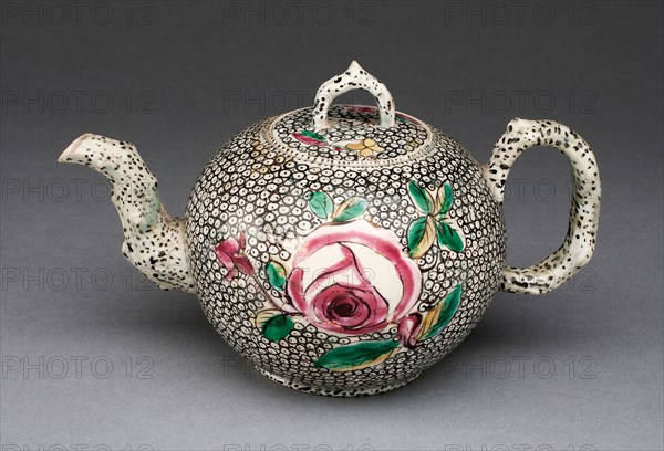 Teapot, 1755/65, Staffordshire, England, Staffordshire, Salt-glazed stoneware, polychrome enamels, 10.8 x 17.8 x 10.8 cm (4 1/4 x 7 x 4 1/4 in.)