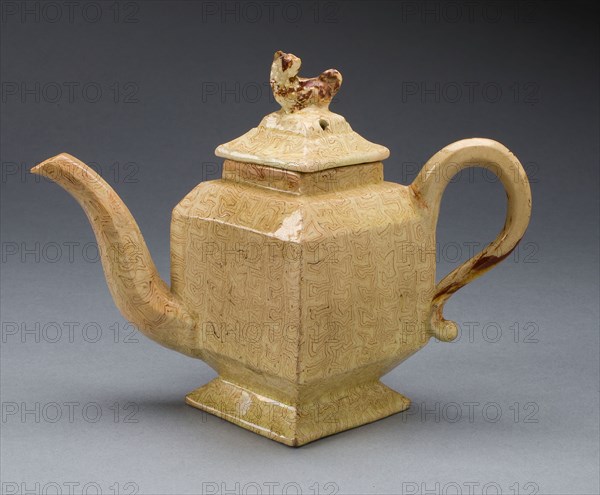 Teapot, 1750/59, Staffordshire, England, Staffordshire, Lead-glazed earthenware (agateware), 12.9 x 17.2 x 8.9 cm (5 1/16 x 6 3/4 x 3 1/2 in.)
