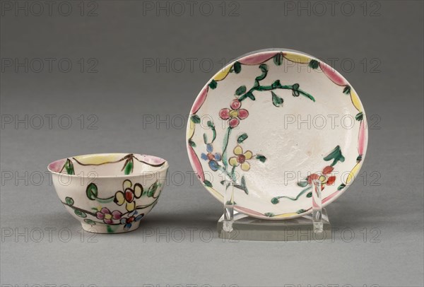 Miniature Cup and Saucer, 1760/69, Staffordshire, England, Staffordshire, Salt-glazed stoneware, polychrome enamels, Cup: 2.2 x 4.1 x 4.1 cm (3/4 x 1 5/8 x 1 5/8 in.), Saucer: 1 x 6.4 cm (5/8 x 2 1/2 in.)