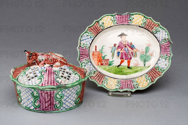 Covered Butter Dish and Stand, c. 1760, Staffordshire, England, Staffordshire, Salt-glazed stoneware, polychrome enamels, Overall: 9.2 x 16.5 x 14 cm (3 5/8 x 6 1/2 x 5 1/2 in.)