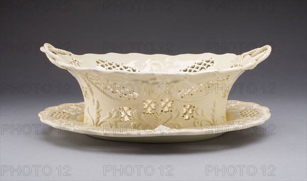 Fruit Basket and Stand, 1780/1800, Leeds Pottery, English, founded 1756, Yorkshire, Lead-glazed earthenware (creamware), Basket: 9.2 x 27 x 20.3 cm (3 5/8 x 10 5/8 x 8 in. )