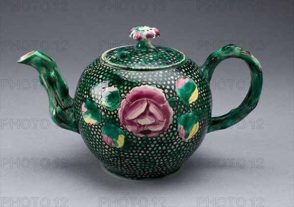 Teapot, c. 1760, Staffordshire, England, Staffordshire, Salt-glazed stoneware, polychrome enamels, 9.8 x 16.5 x 9.4 cm (3 7/8 x 6 1/2 x 3 3/4 in.)