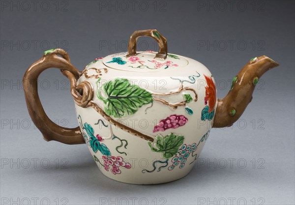 Teapot, 1750/55, Staffordshire, England, Staffordshire, Salt-glazed stoneware, polychrome enamels, 10.2 x 17.8 x 10.2 cm (4 x 7 x 4 in.)