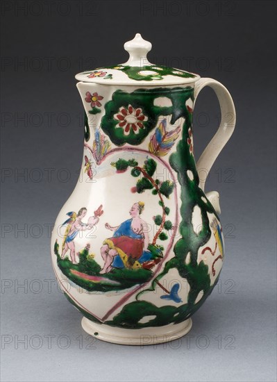 Jug with Cover, c. 1760, Staffordshire, England, Staffordshire, Salt-glazed stoneware, polychrome enamels, 14.6 x 9.5 x 8.3 cm (5 3/4 x 3 3/4 x 3 1/4 in.)