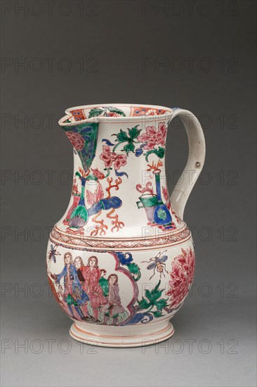 Jug, c. 1760, Staffordshire, England, Staffordshire, Salt-glazed stoneware, polychrome enamels, 18.1 x 15.2 x 12.1 cm (7 1/8 x 6 x 4 3/4 in.)