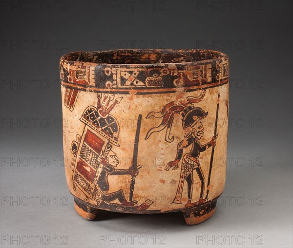 Tripod Vessel Depicting Monkey Hunters and Traders, A.D. 850/950, Classic Maya, Ulúa River Valley, Honduras or Petén region, Guatemala, Honduras, Ceramic and pigment, 17.8 x 19.1 cm (7 x 7 1/2 in.)