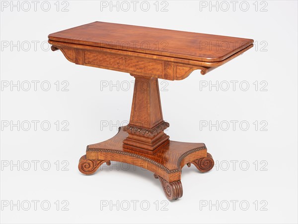 Card Table, 1819/25, Isaac Vose & Son, American, 1819–25, Boston, Carving attributed to Thomas Wightman, American, active 1797–1825, United States, Mahogany, satinwood veneer, iron and brass, 73.7 × 45.7 × 92.7 cm (29 × 18 × 36 1/2 in.)