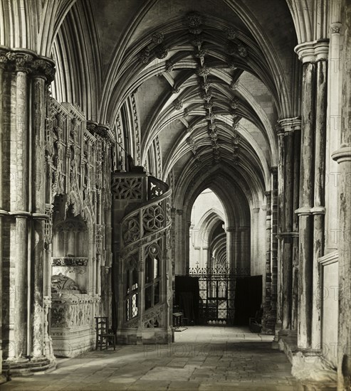 Ely Cathedral: North Choir Aisle to West, 1891, Frederick H. Evans, English, 1853–1943, England, Lantern slide, 8.2 × 8.2 cm