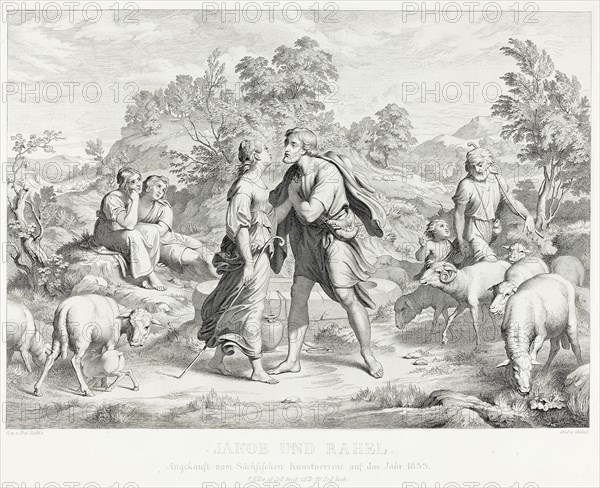 Jacob and Rachel, 1833, Christian Ernst Stözel (German, 1792–1837), after August Richter (German, 1803–1884), Germany, Engraving in black on ivory wove paper, 179 × 249 mm (image), 222 × 284 mm (plate), 333 × 506 mm (sheet)