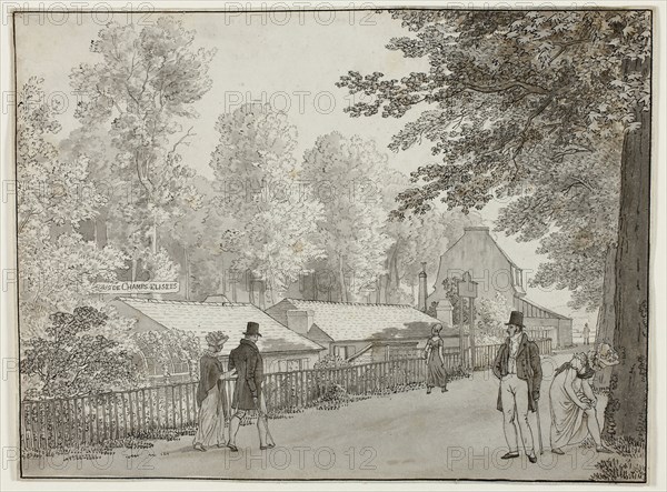 Relais, Avenue des Champs-Élysées, Paris (recto), Scene from the Life of Odysseus (verso), 1812, Christoffer Wilhelm Eckersberg, Danish, 1783-1853, Denmark, Pen and black ink, with brush and gray and brown washes, over graphite (recto), graphite and pen and black ink (verso) on off-white wove paper, 222 × 297 mm