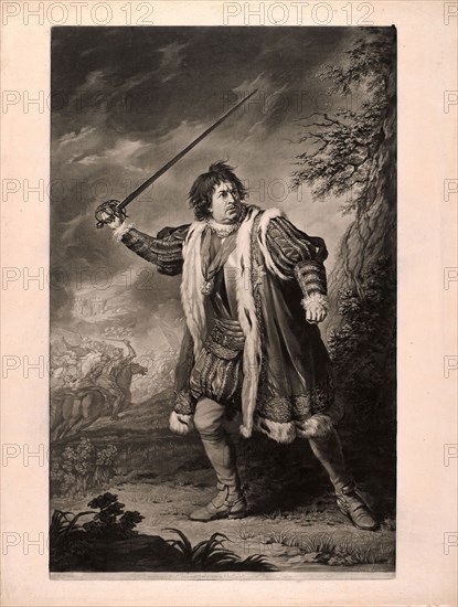 Mr. Garrick in Richard the Third, published April 28, 1772, John Dixon (English, born Ireland, c. 1730-1804), after Nathaniel Dance (English, 1735-1811), published by John Boydell (English, 1719-1804), England, Mezzotint on cream laid paper, 635 × 400 mm (image/plate), 716 × 539 mm (sheet)