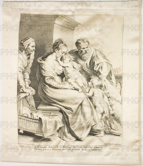 The Holy Family with Saint John and Saint Elizabeth, 1620, Lucas Emil Vorsterman (Flemish, 1595-1675), after Peter Paul Rubens (Flemish, 1577-1640), Flanders, Etching and engraving in black on silk, satin weave, 255 × 205 mm (image), 270 × 210 mm (plate), 317 × 270 mm (sheet)