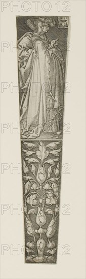 Dagger Sheath with a Young Couple Above, 1532, Heinrich Aldegrever, German, 1502-1561, Germany, Engraving in black on ivory laid paper, 158 × 34 mm (image/plate/sheet)