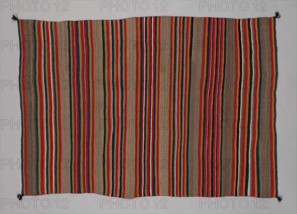 Shoulder Blanket with Plain-Stripe Design, 1860/90, Navajo (Diné), Northern New Mexico or Arizona, United States, New Mexico, Wool, plain weave with "lazy lines" and dovetail tapestry weave, twined warp ends and selvages, knotted corner tassels, 177.8 x 125.4 cm (70 x 49 3/8 in.)