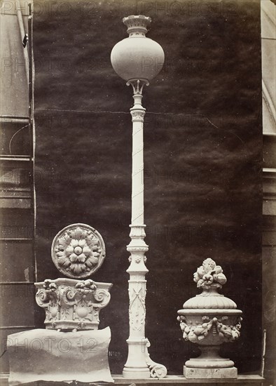 Interior Details and Candelabra, Théâtre du Vaudeville, Paris, 1869, printed 1875/76, Louis-Emile Durandelle, French, 1839–1917, France, Albumen print, 38.7 × 28 cm (image/paper), 54.4 × 43.5 cm (mount), Masks from the Control Room (Masques du vestibule de contrôle), c. 1870, Louis-Emile Durandelle, French, 1839–1917, France, Albumen print, from "Le Nouvel Opéra de Paris, Sculpture Ornementale" (1875), 27.5 × 38 cm (image/paper), 45 × 62.9 cm (mount)