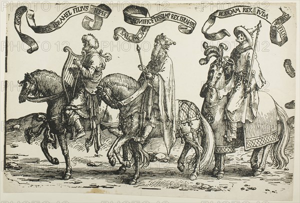 David, Solomon, Rehoboam, plate one, from The Twelve Kings of Israel, c. 1520, Lucas van Leyden, Netherlandish, c. 1494-1533, Netherlands, Woodcut in black with touches of pen and brown ink on buff laid paper, 315 x 496 mm (image), 339 x 499 mm (sheet, trimmed within block)