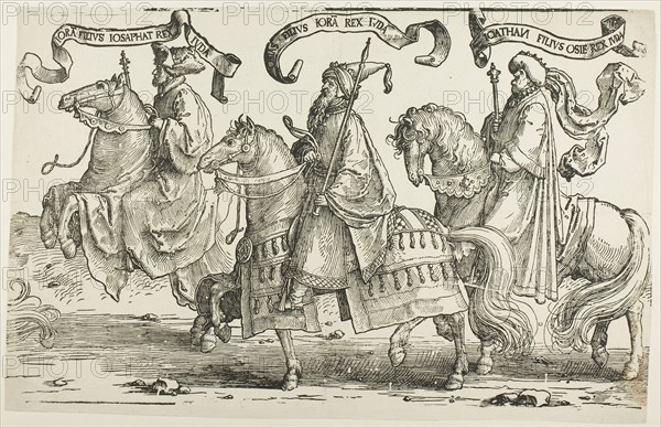 Jehoram, Uzziah, Jotham, plate three, from The Twelve Kings of Israel, c. 1520, Lucas van Leyden, Netherlandish, c. 1494-1533, Netherlands, Woodcut in black with touches of pen and brown ink on buff laid paper, 313 x 508 mm (image), 326 x 508 mm (sheet, trimmed within block)